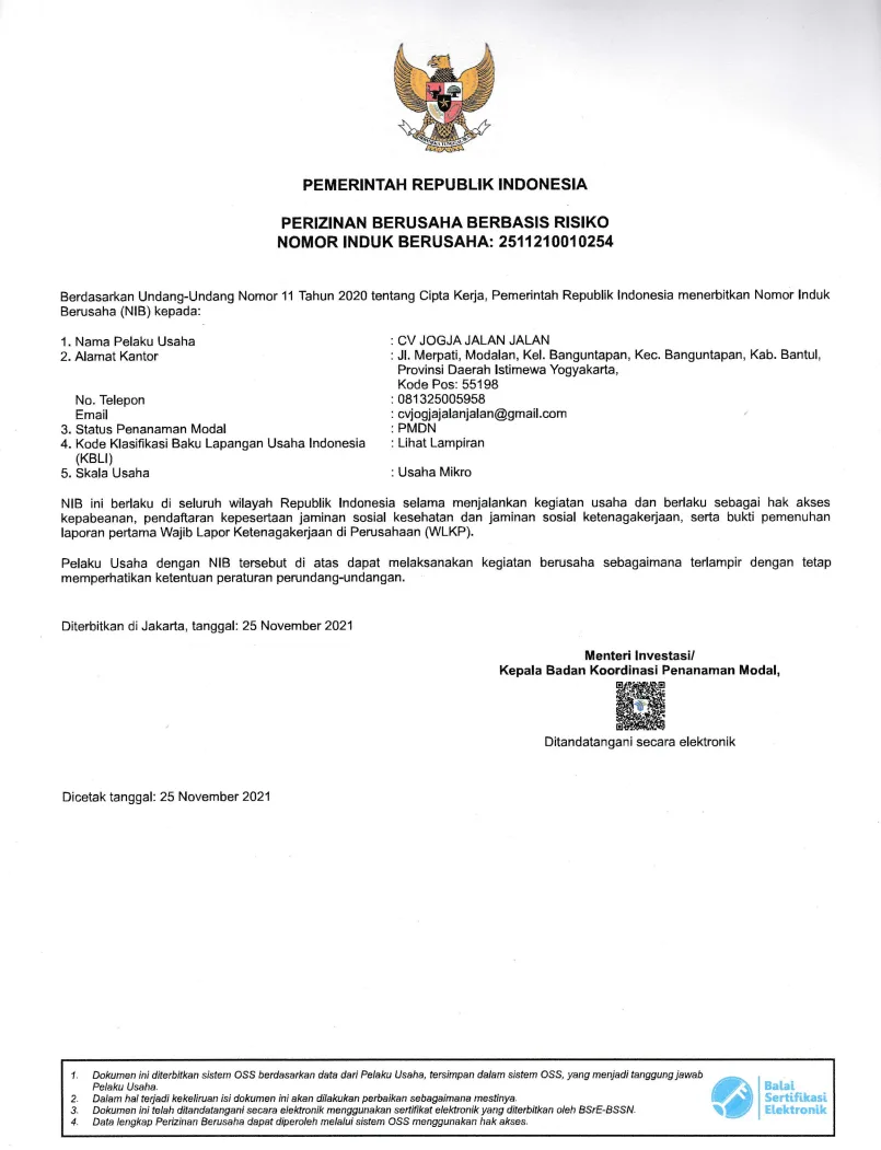 NIB CV Jogja Jalan Jalan